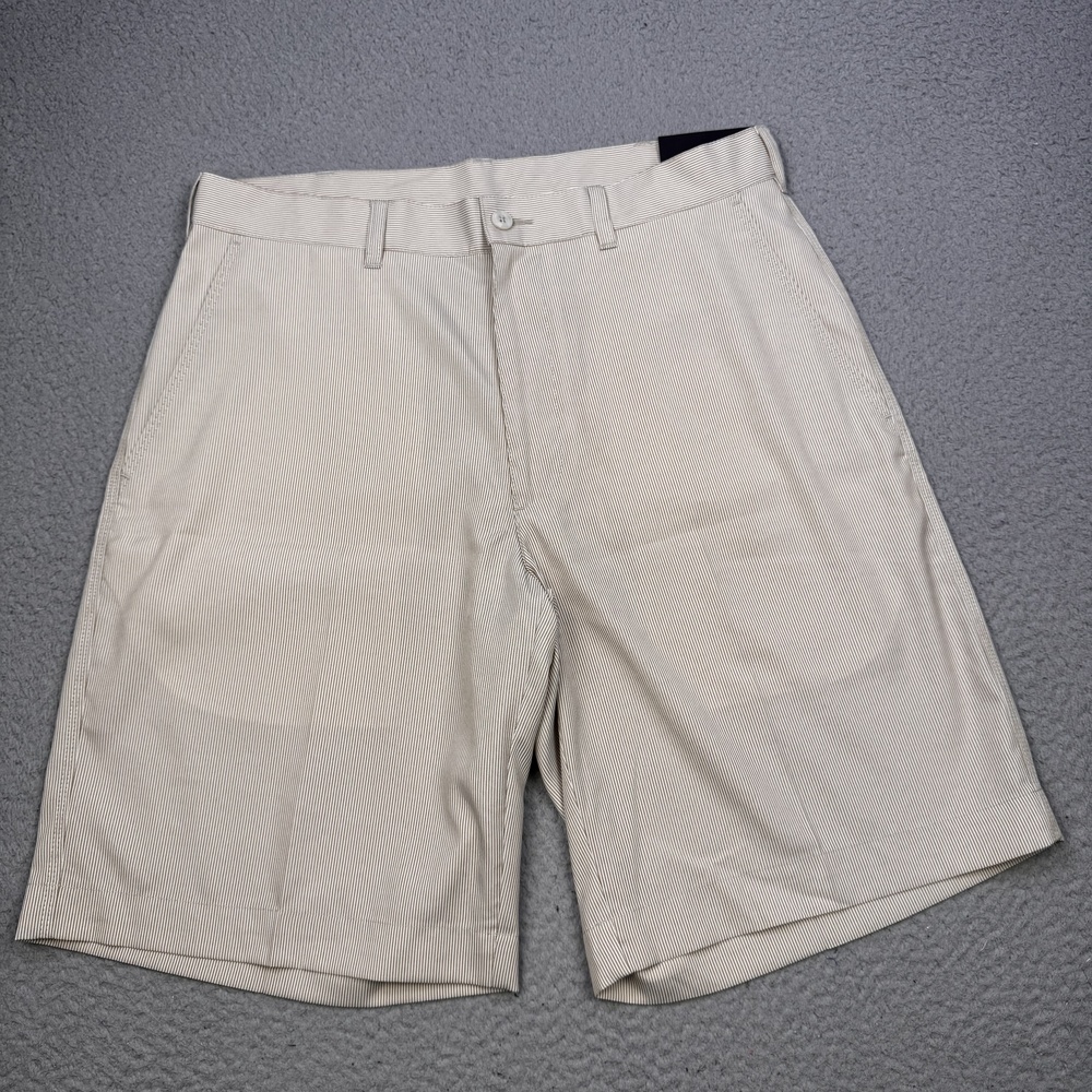 Alan Flusser Golf Shorts Mens 32 Beige Stripe Performance Flat Front Microfiber